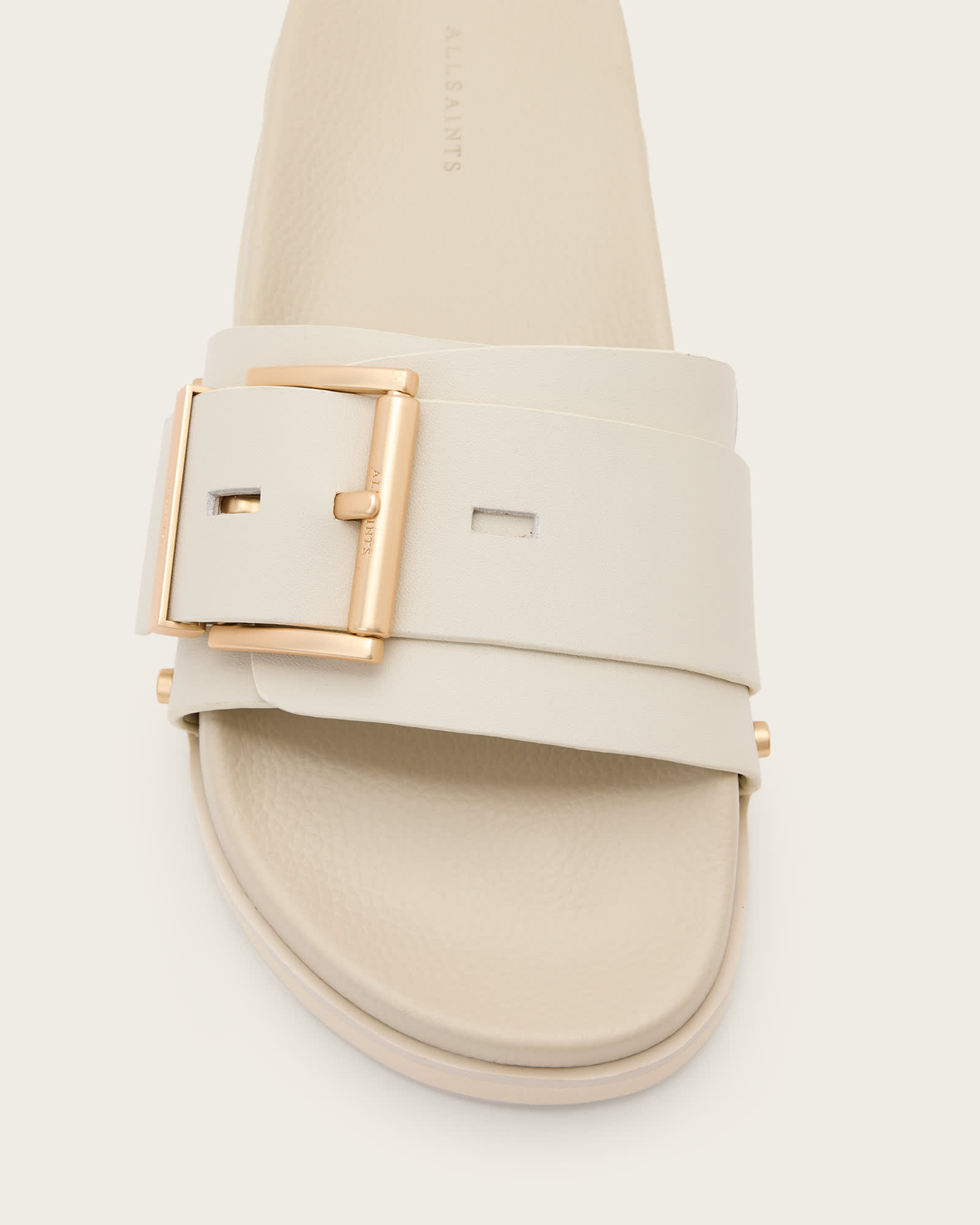 All Saints Ellie Studded Buckle Leather Sliders Chalk White