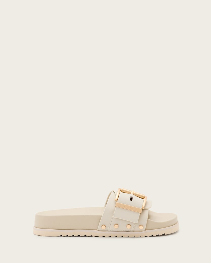 all saints Ellie Studded Buckle Leather Sliders Chalk White