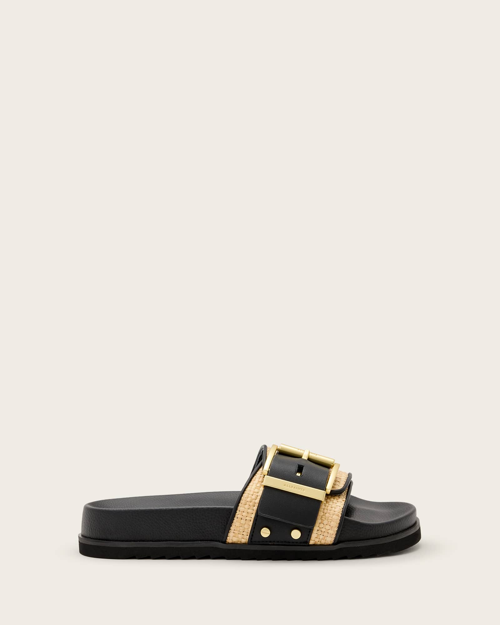 All Saints Ellie Studded Buckle Leather Sliders Natural/Black