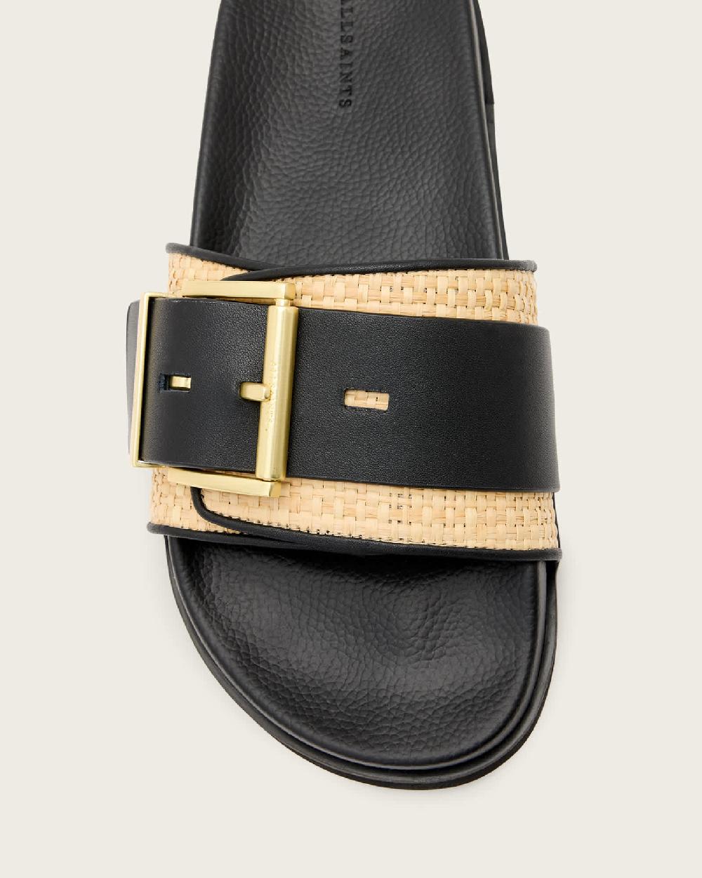 All Saints Ellie Studded Buckle Leather Sliders Natural/Black