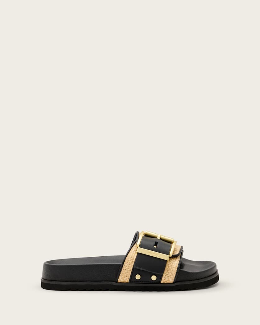 all saints Ellie Studded Buckle Leather Sliders Natural/Black
