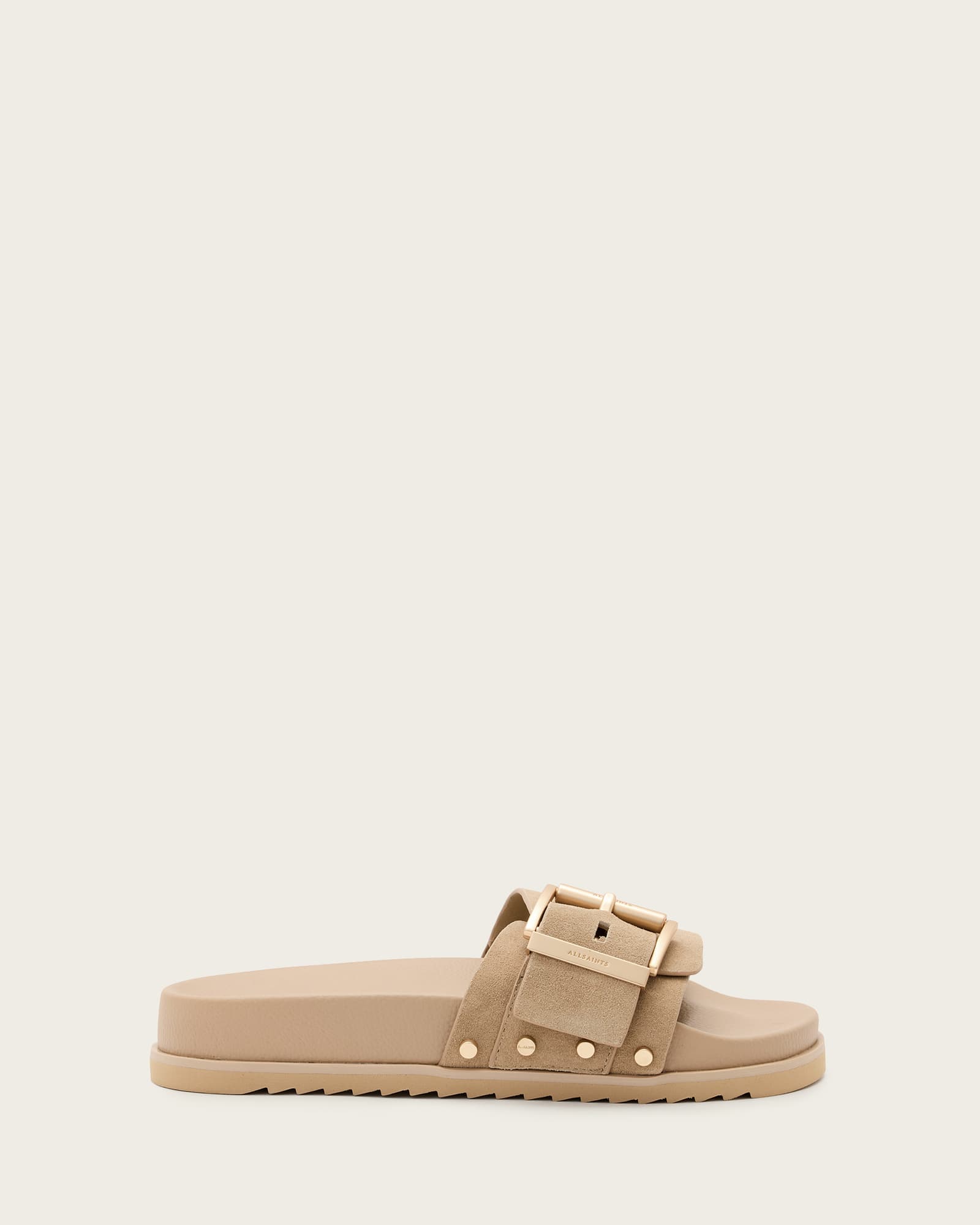 All Saints Ellie Studded Buckle Leather Sliders Sand Brown