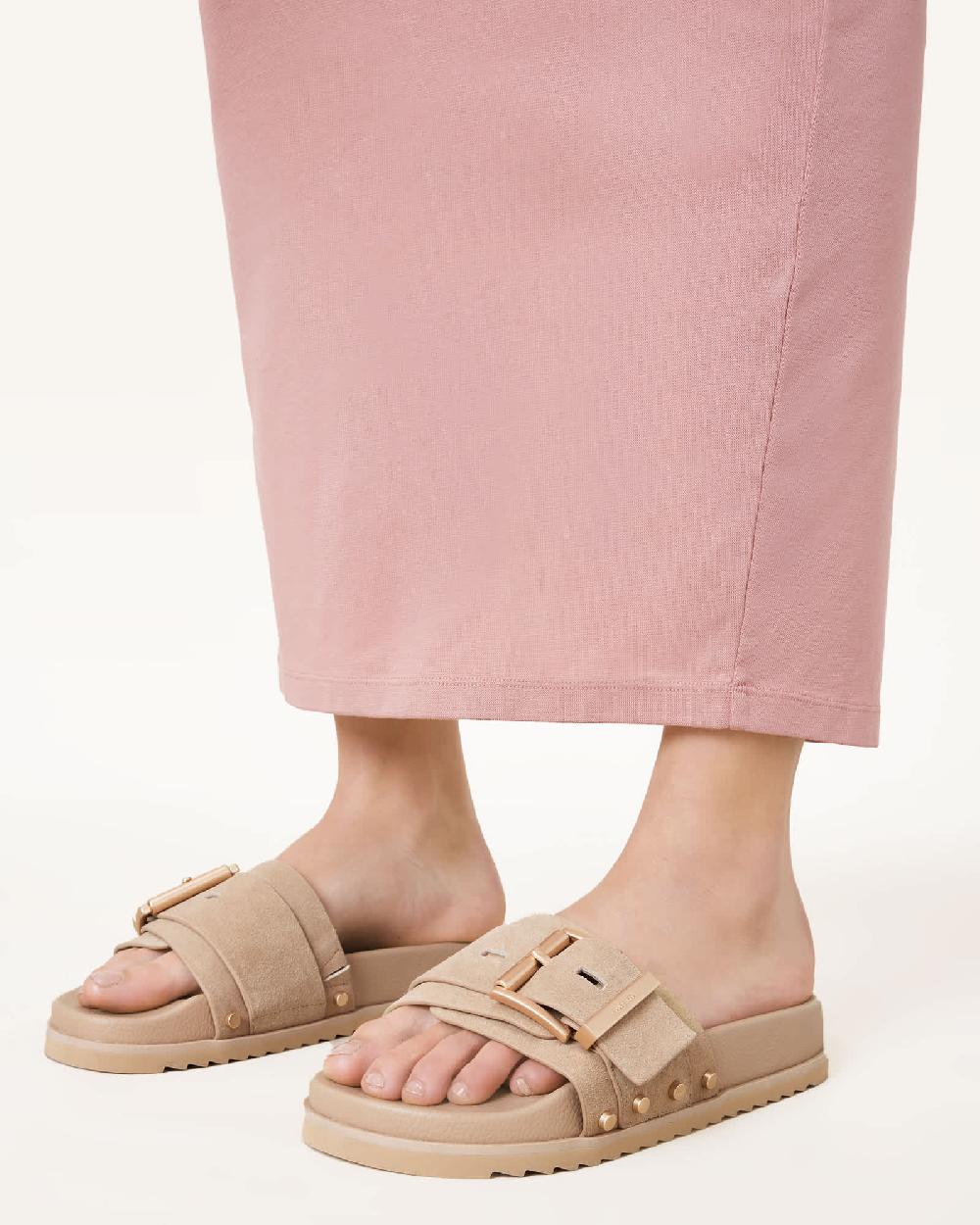 All Saints Ellie Studded Buckle Leather Sliders Sand Brown
