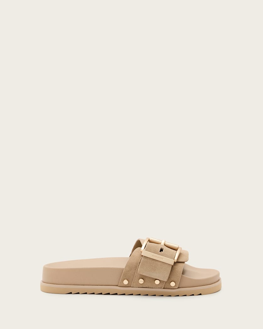 all saints Ellie Studded Buckle Leather Sliders Sand Brown