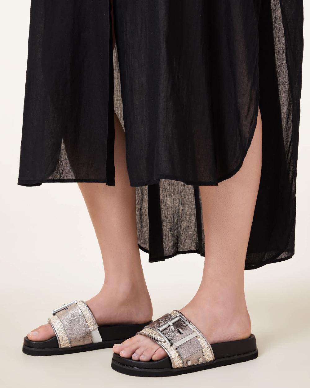 All Saints Ellie Studded Buckle Leather Sliders Silver