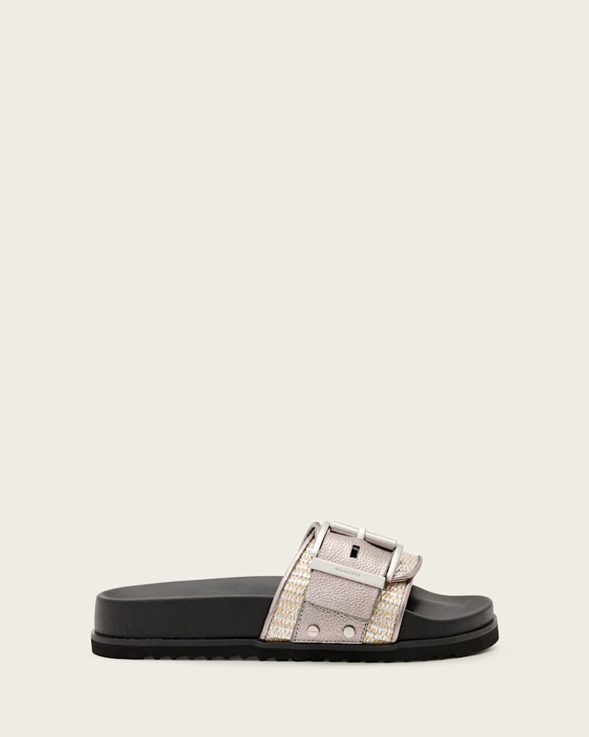 all saints Ellie Studded Buckle Leather Sliders Silver