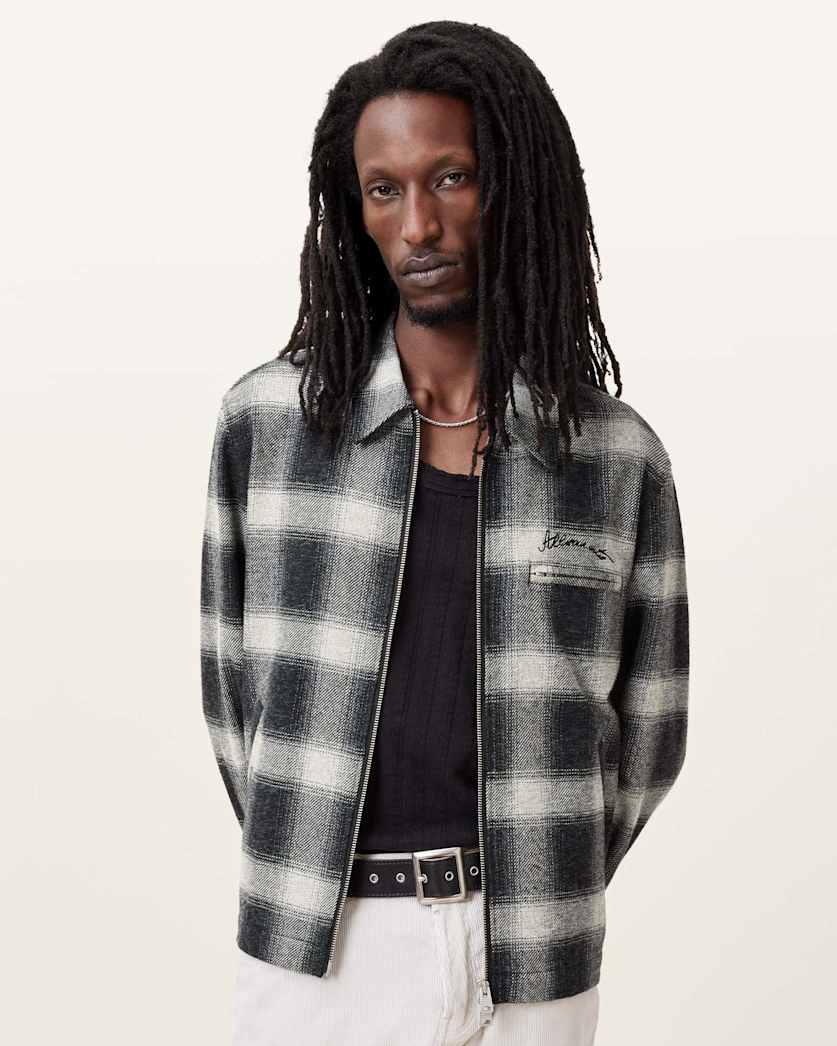 all saints Ellis Checked Embroidered Zip Up Jacket Ink