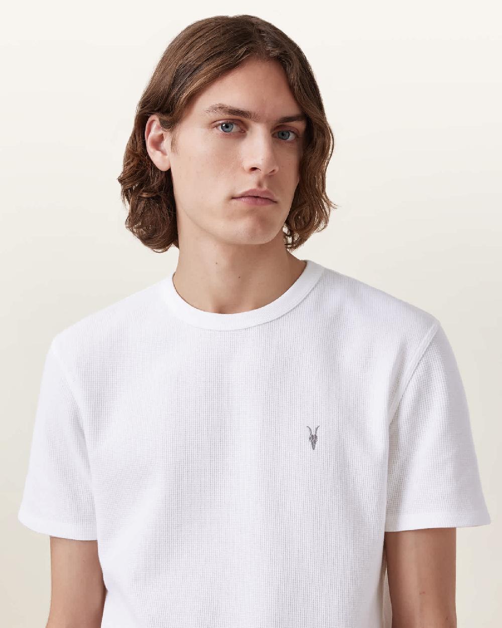 All Saints Ellis Waffle Texture Crew Neck Ramskull T-Shirt Chalk White