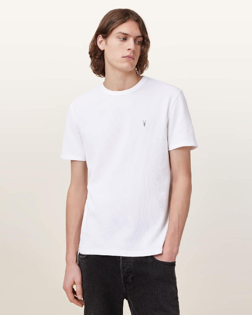All Saints Ellis Waffle Texture Crew Neck Ramskull T-Shirt Chalk White
