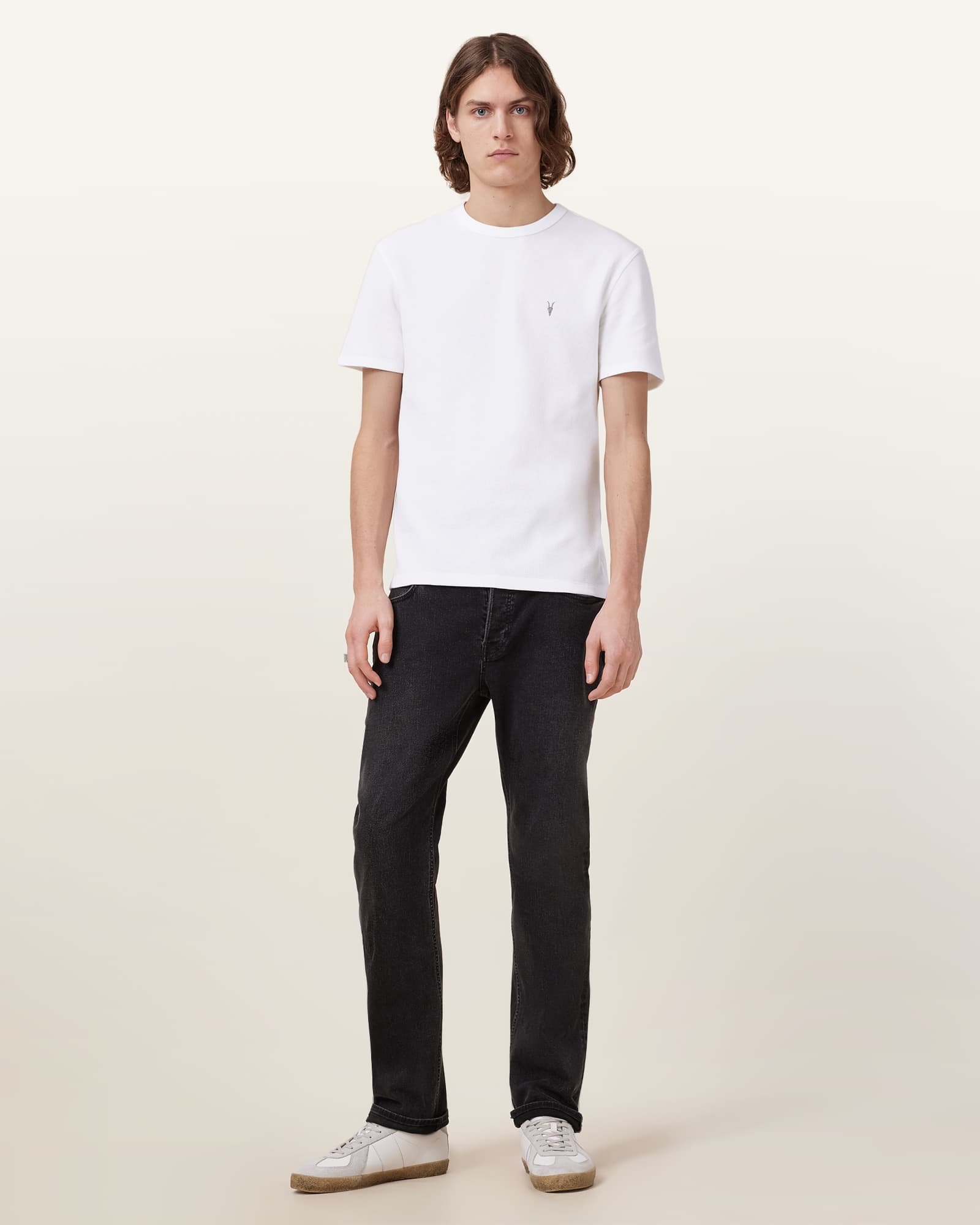 All Saints Ellis Waffle Texture Crew Neck Ramskull T-Shirt Chalk White