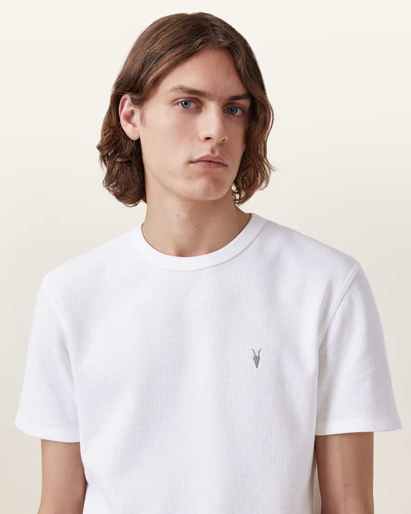 all saints Ellis Waffle Texture Crew Neck Ramskull T-Shirt Chalk White