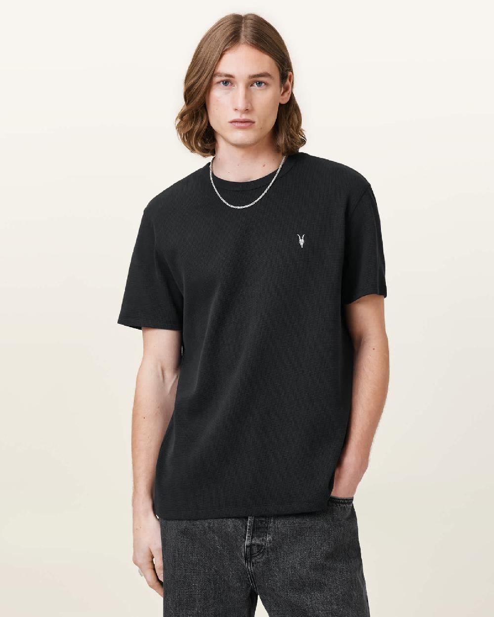 All Saints Ellis Waffle Texture Crew Neck Ramskull T-Shirt Jet Black