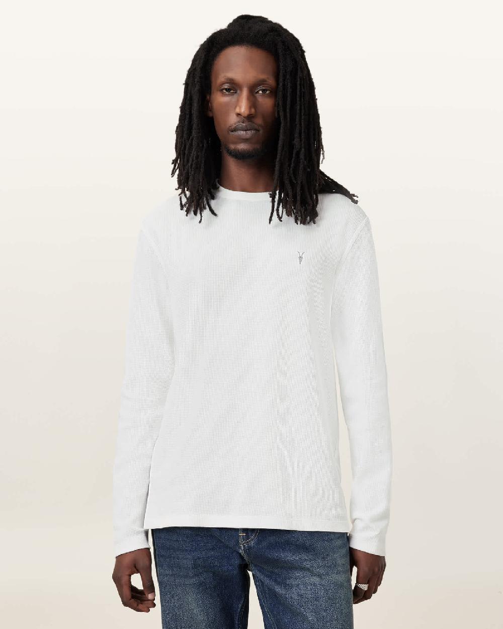 All Saints Ellis Waffle Texture Long Sleeve Crew Chalk White