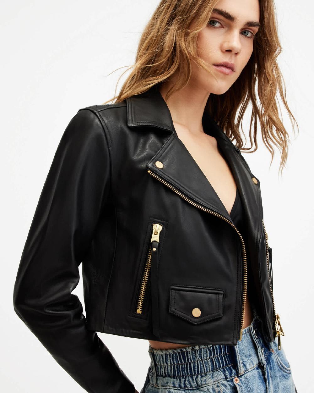 All Saints Elora Cropped Slim Leather Biker Jacket Black