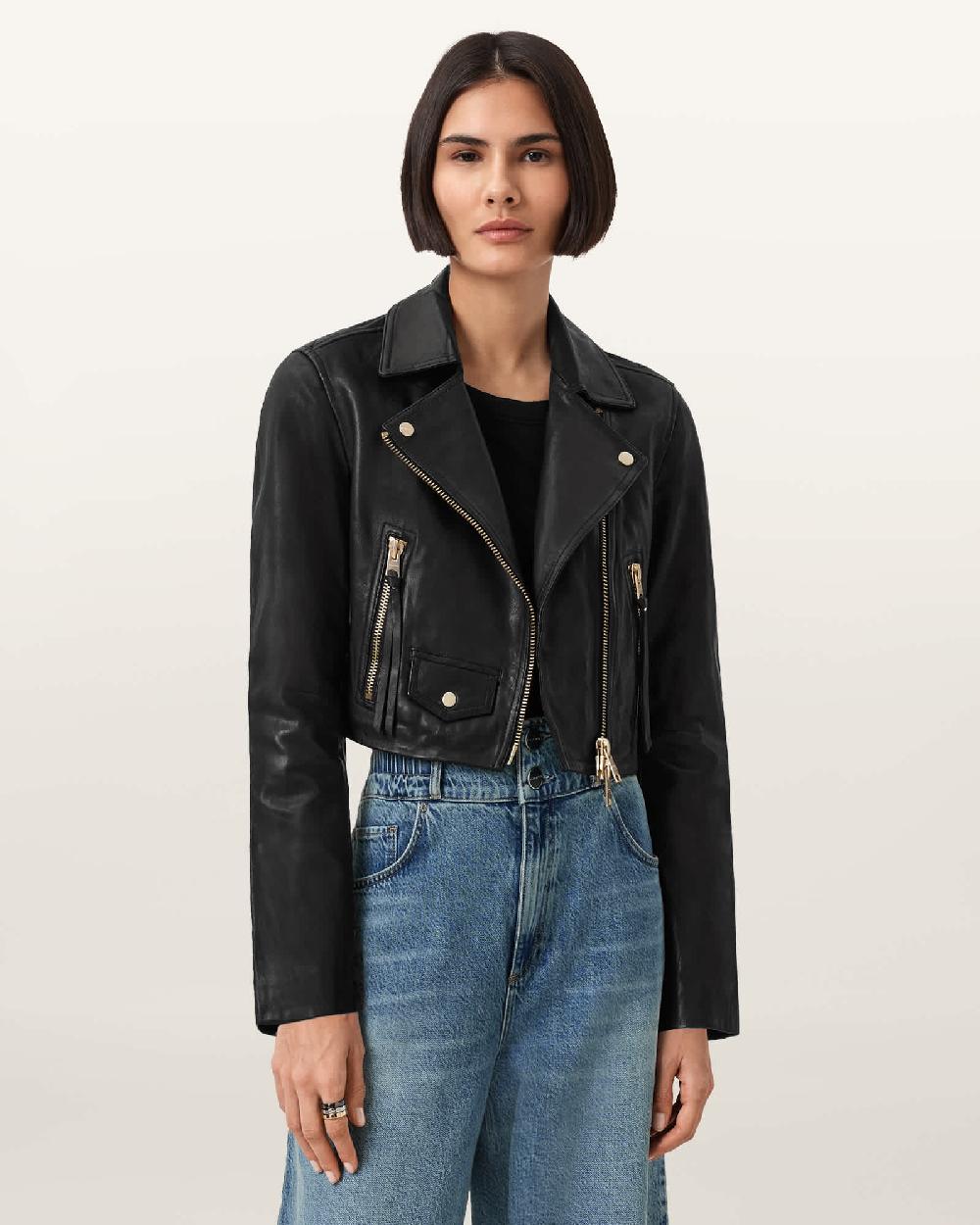 All Saints Elora Cropped Slim Leather Biker Jacket BLACK/GOLD