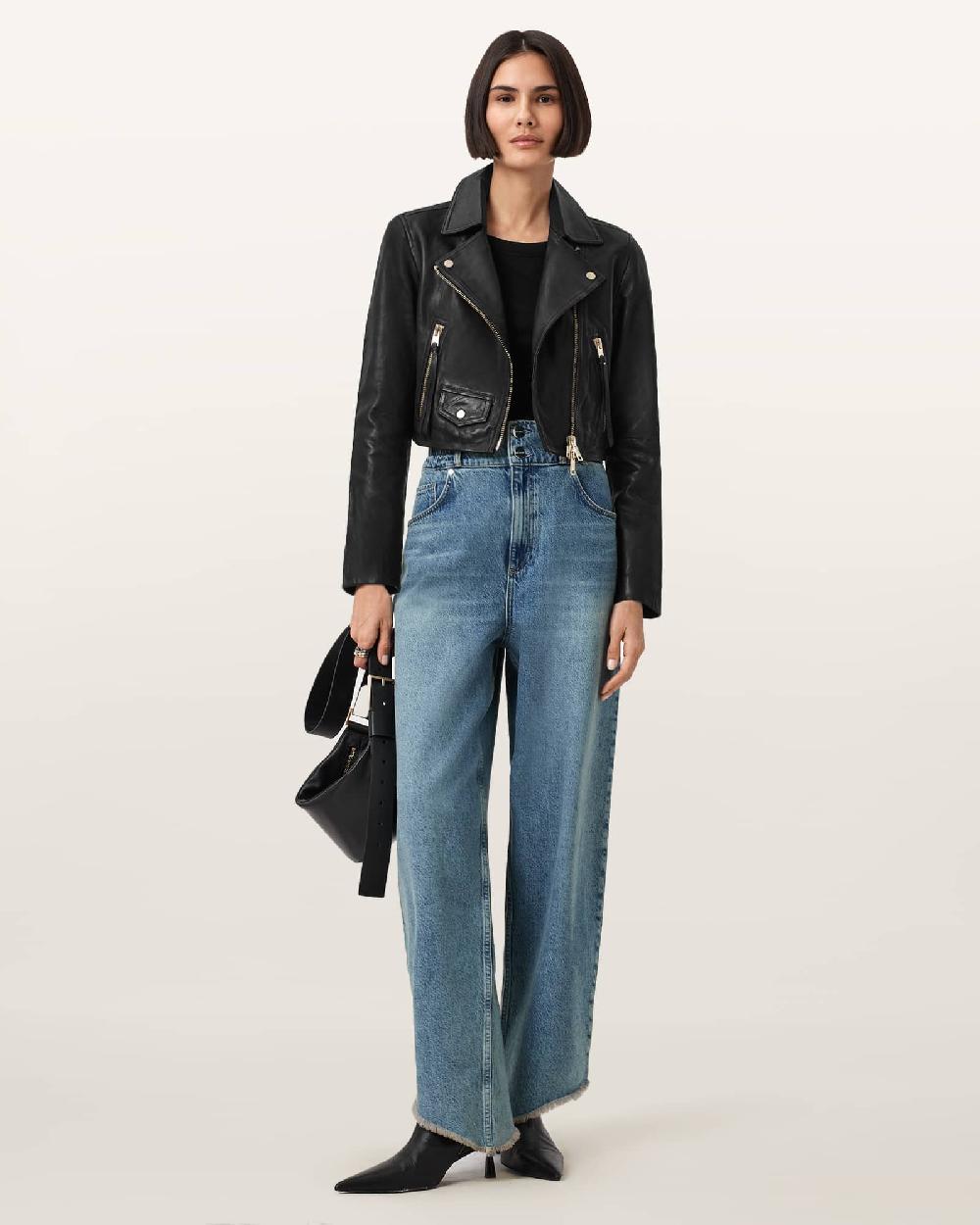 All Saints Elora Cropped Slim Leather Biker Jacket BLACK/GOLD