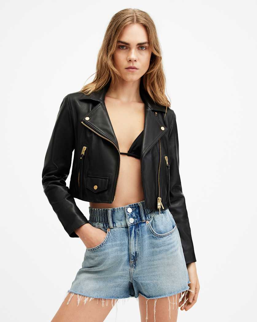 all saints Elora Cropped Slim Leather Biker Jacket Black