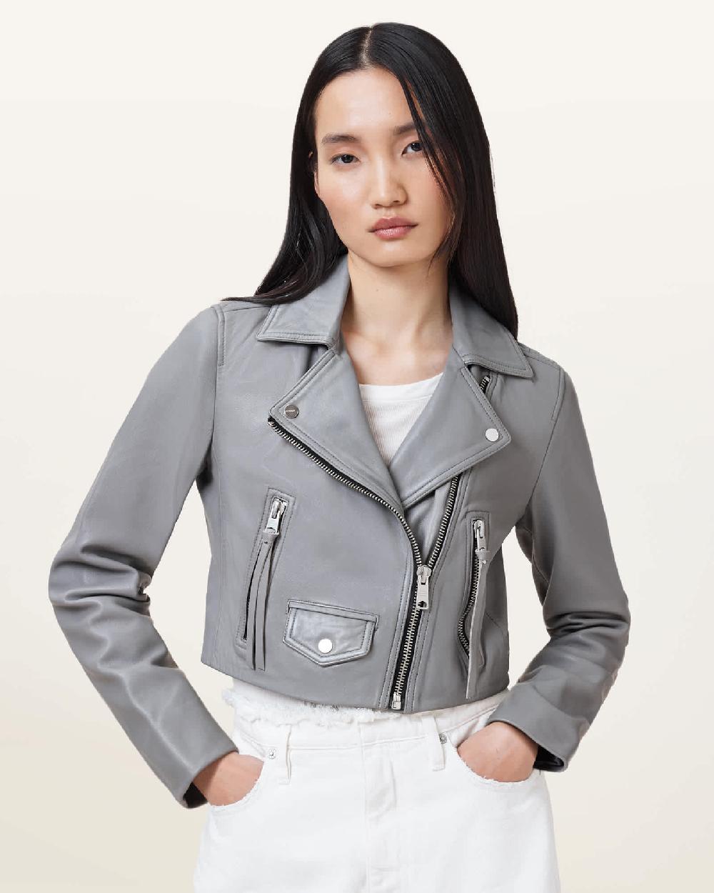 All Saints Elora Cropped Slim Leather Biker Jacket Silver Birch Grey