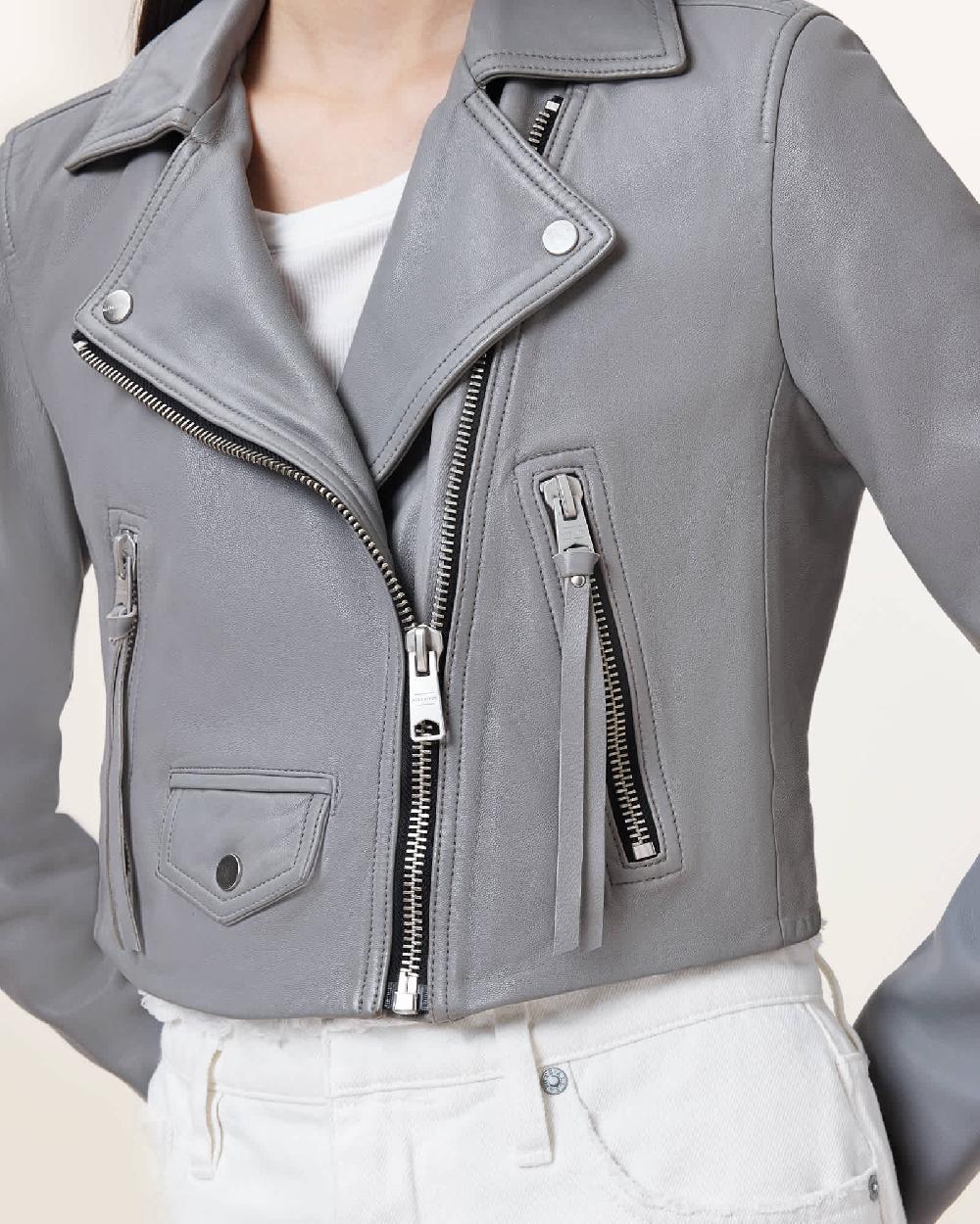 All Saints Elora Cropped Slim Leather Biker Jacket Silver Birch Grey