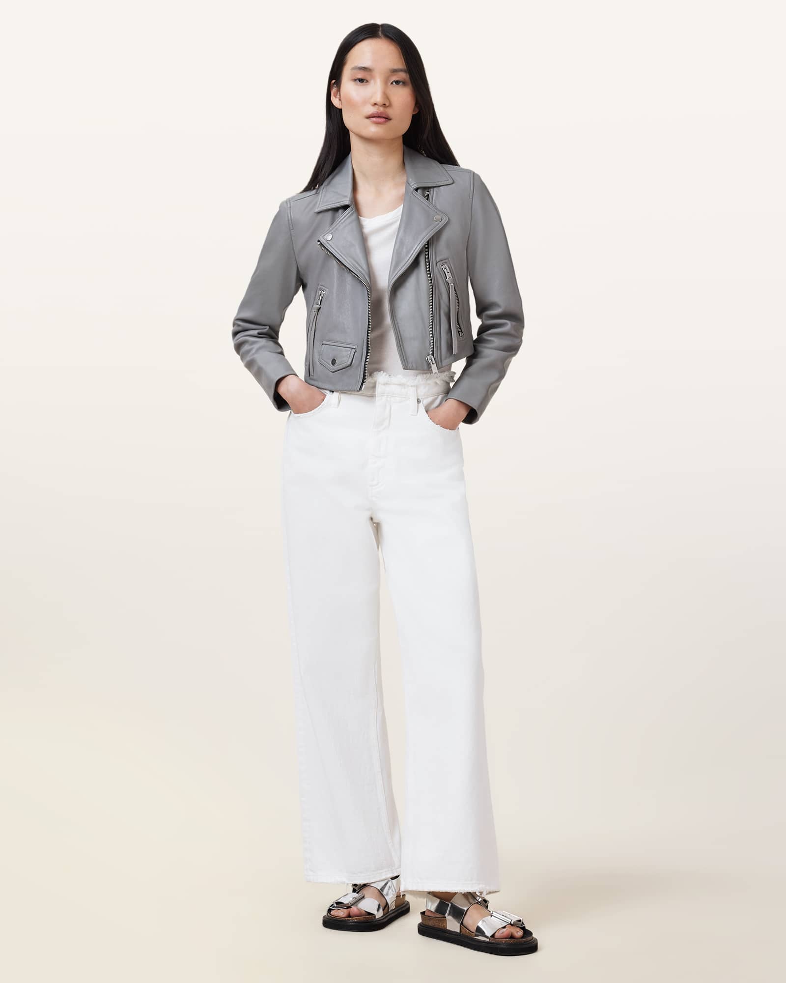 All Saints Elora Cropped Slim Leather Biker Jacket Silver Birch Grey