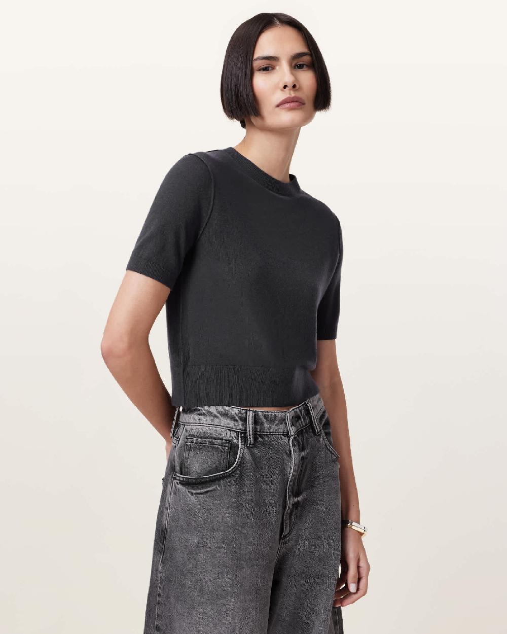 All Saints Elsie Merino Cashmere Blend T-Shirt Charcoal Blue