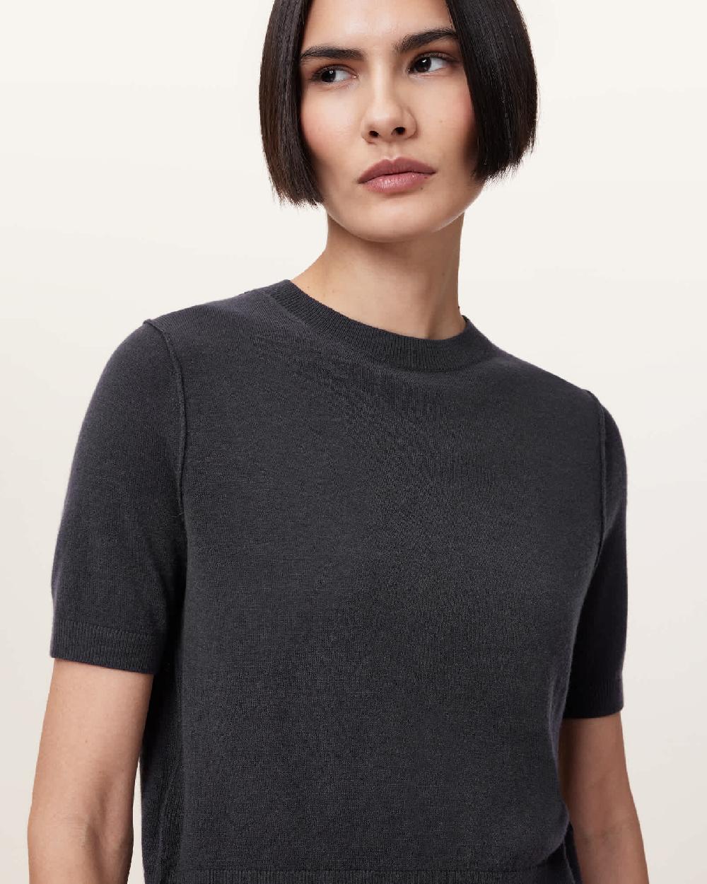 All Saints Elsie Merino Cashmere Blend T-Shirt Charcoal Blue