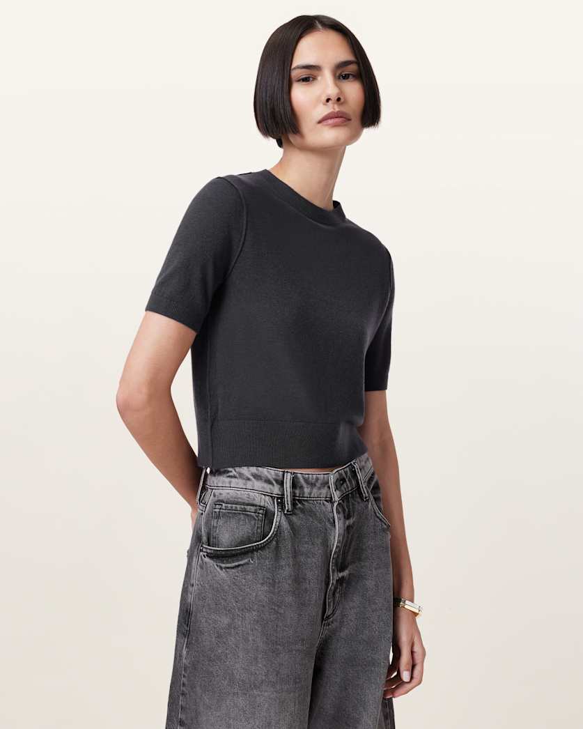all saints Elsie Merino Cashmere Blend T-Shirt Charcoal Blue
