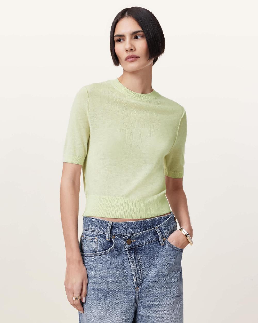 All Saints Elsie Merino Cashmere Blend T-Shirt JADE GREEN
