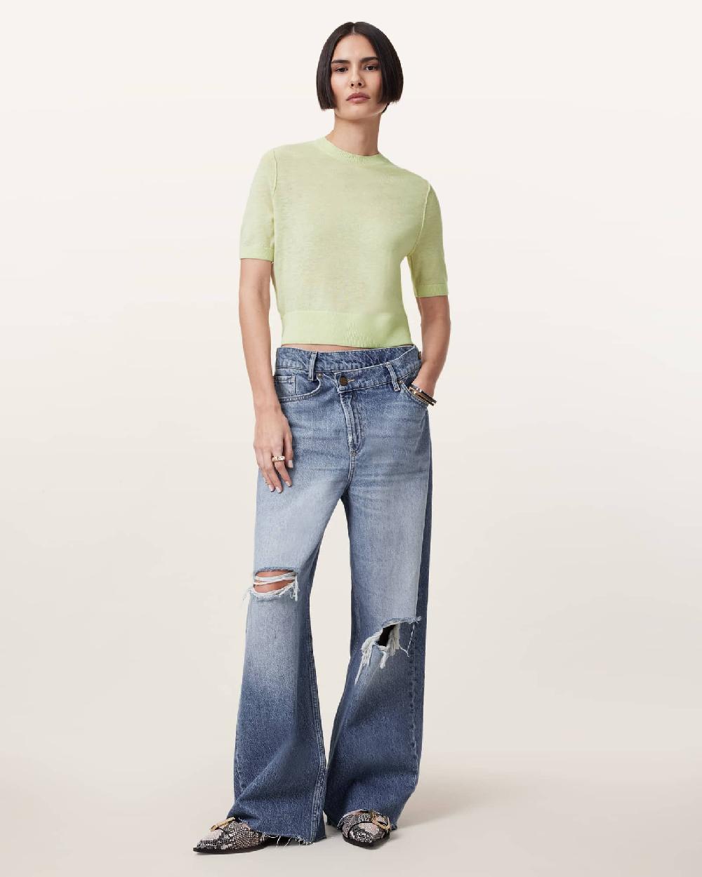 All Saints Elsie Merino Cashmere Blend T-Shirt JADE GREEN