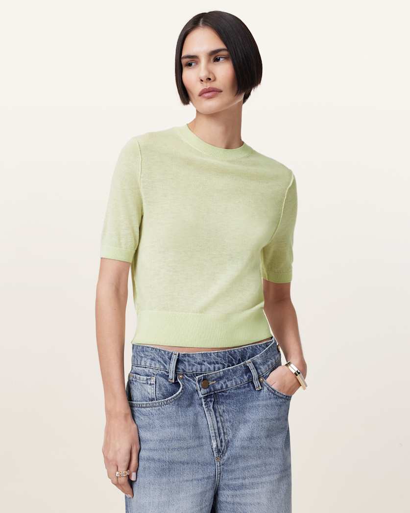 all saints Elsie Merino Cashmere Blend T-Shirt JADE GREEN