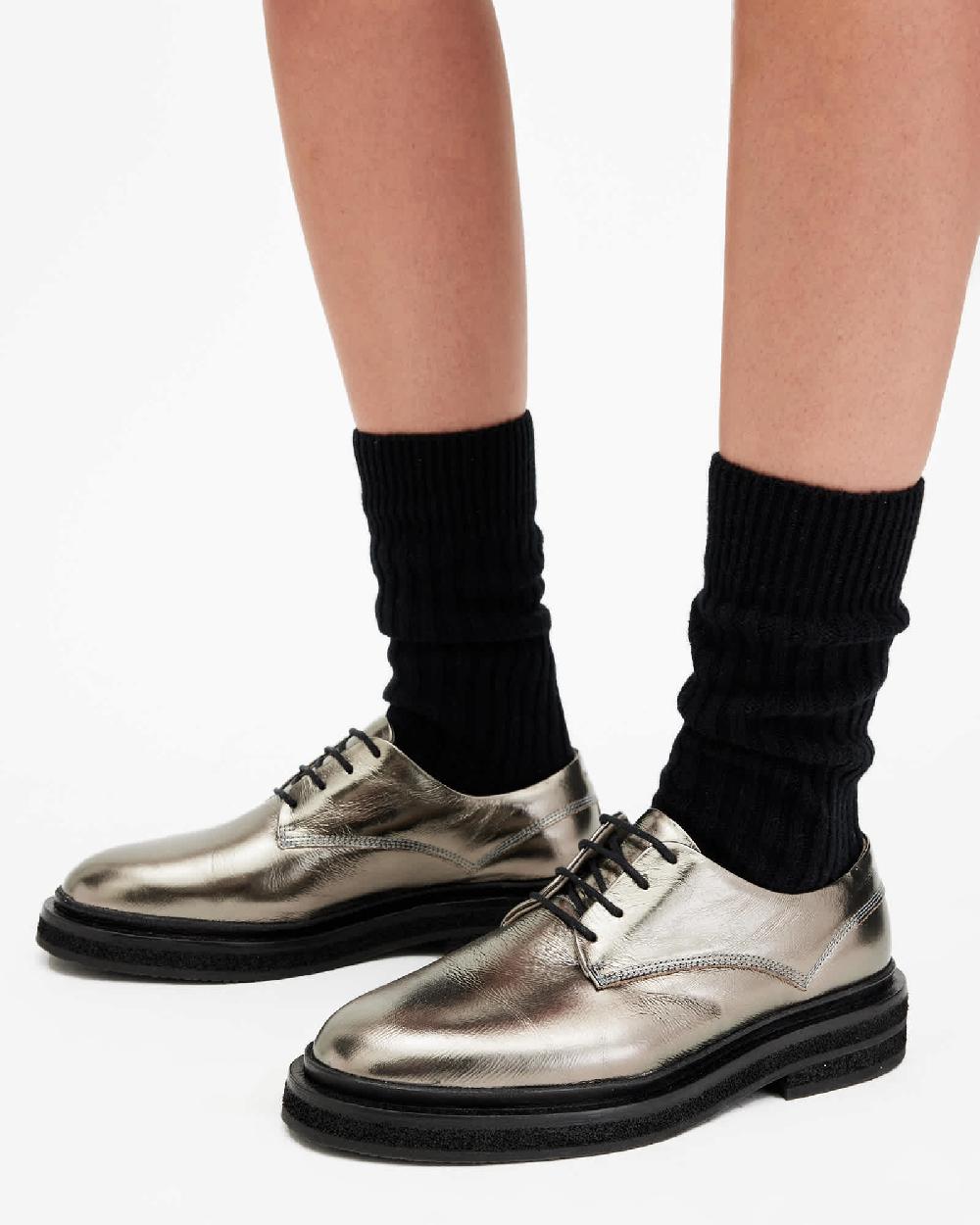 All Saints Escher Metallic Leather Lace Up Shoes Gunmetal Grey