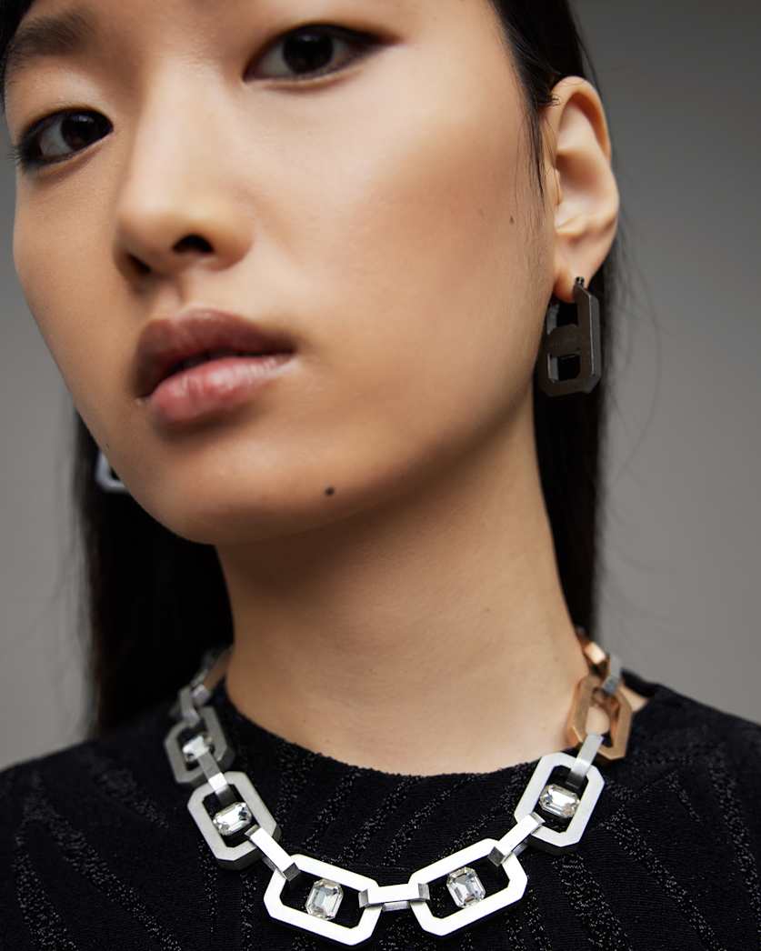 all saints Estela Gold Silver Hexagon Link Necklace WRM BRSS/WRM SILVR