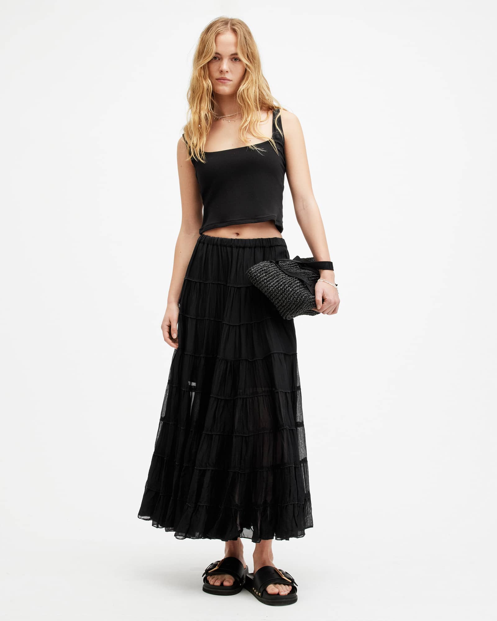 All Saints Eva Elasticated Waist Tiered Maxi Skirt Black