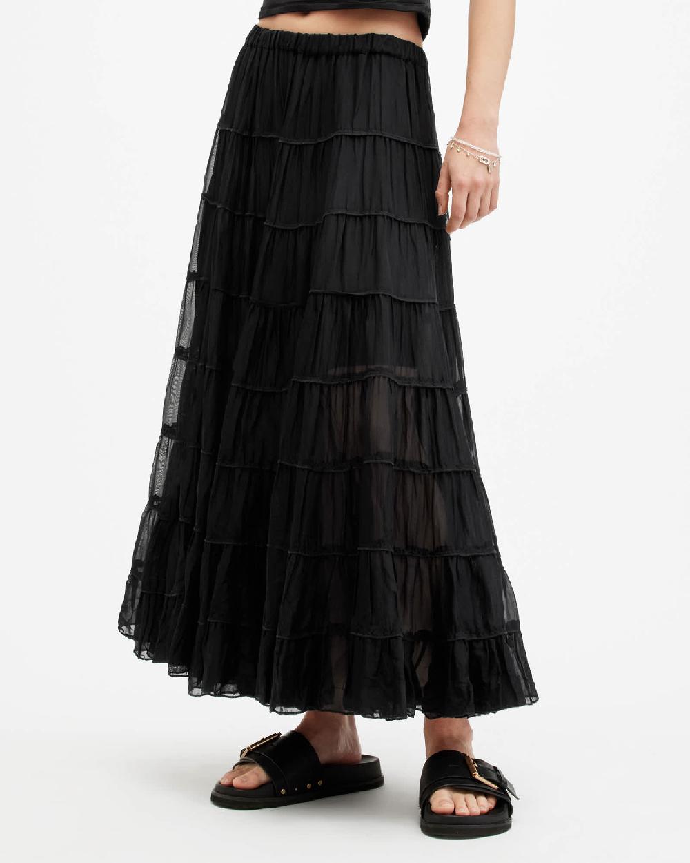 All Saints Eva Elasticated Waist Tiered Maxi Skirt Black