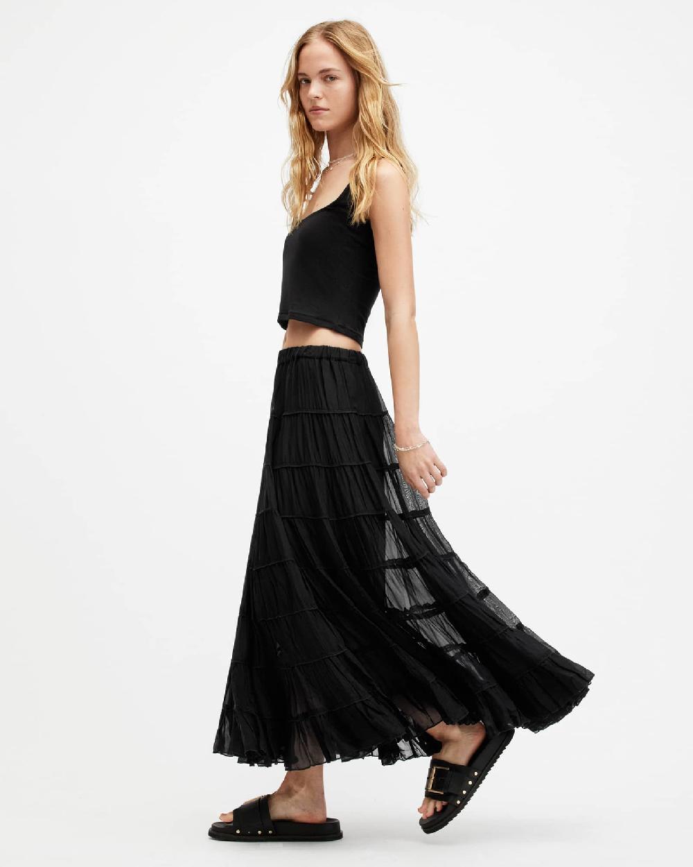 All Saints Eva Elasticated Waist Tiered Maxi Skirt Black