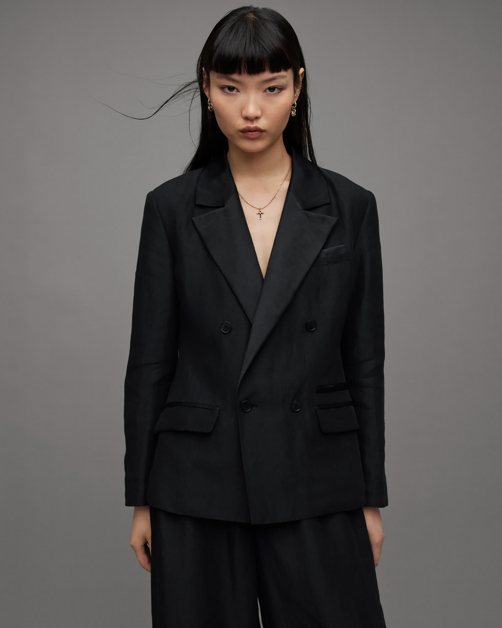 All Saints Eve Linen Blend Tailored Slim Fit Blazer Black