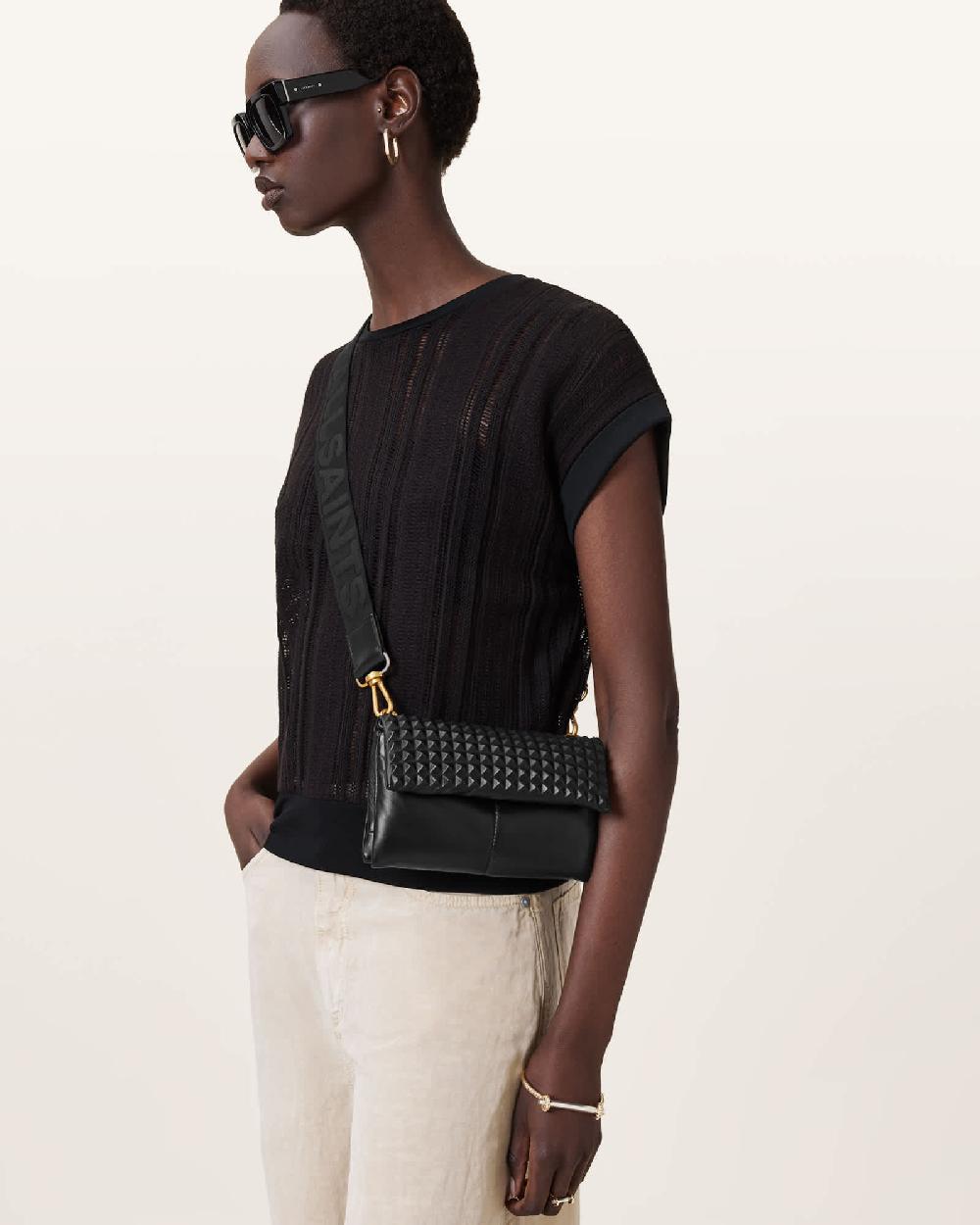 All Saints Ezra Leather Studded Crossbody Bag Black