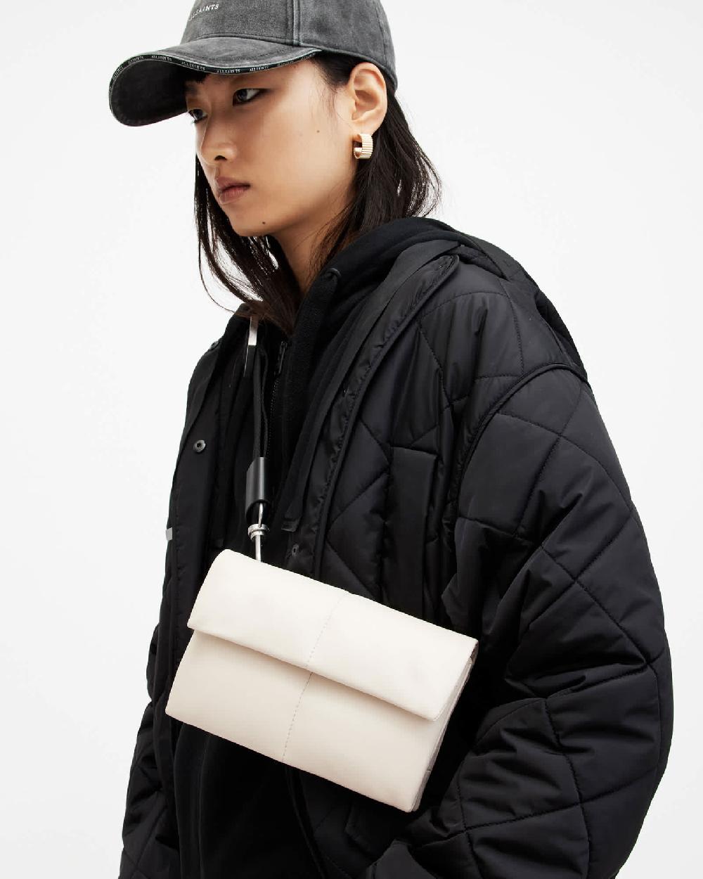 All Saints Ezra Quilted Leather Crossbody Bag Desert White