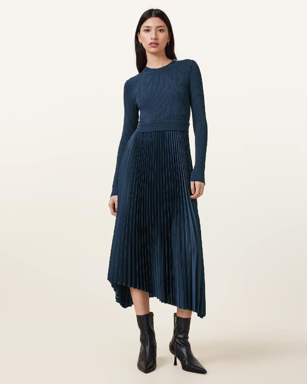 All Saints Fay Long Sleeve Asymmetric Dress Airforce Blue