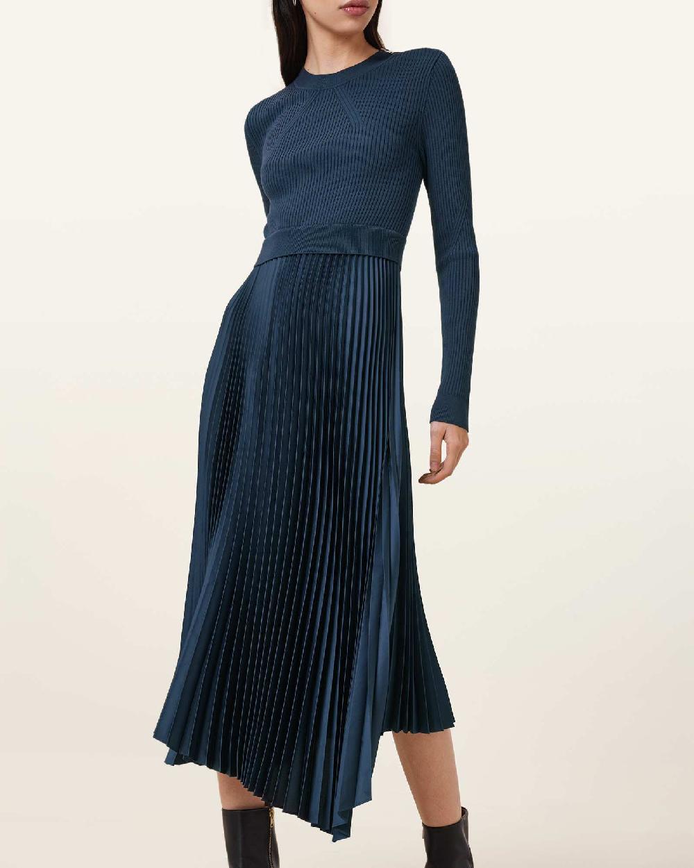 All Saints Fay Long Sleeve Asymmetric Dress Airforce Blue