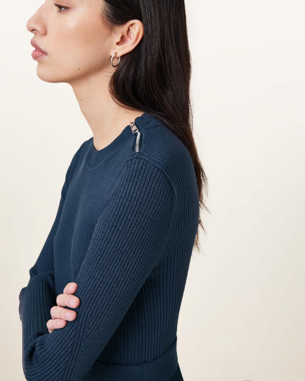All Saints Fay Long Sleeve Asymmetric Dress Airforce Blue