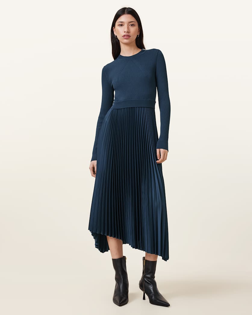 all saints Fay Long Sleeve Asymmetric Dress Airforce Blue