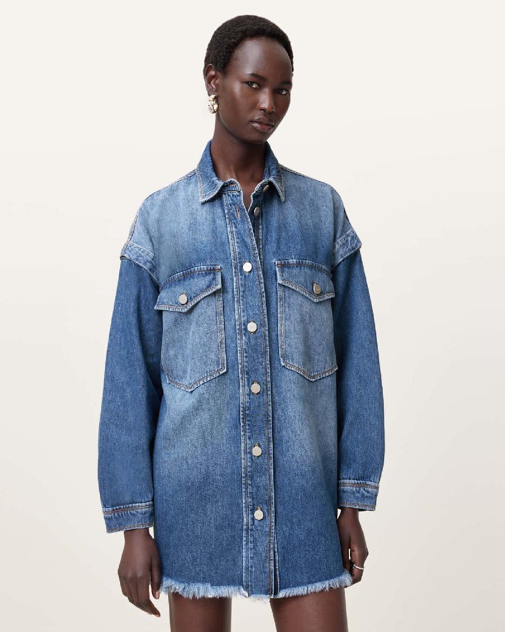 All Saints Faye Oversized Denim Shacket Dress Mid Indigo