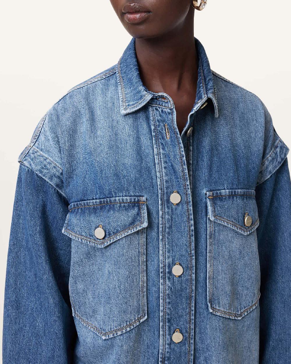 All Saints Faye Oversized Denim Shacket Dress Mid Indigo