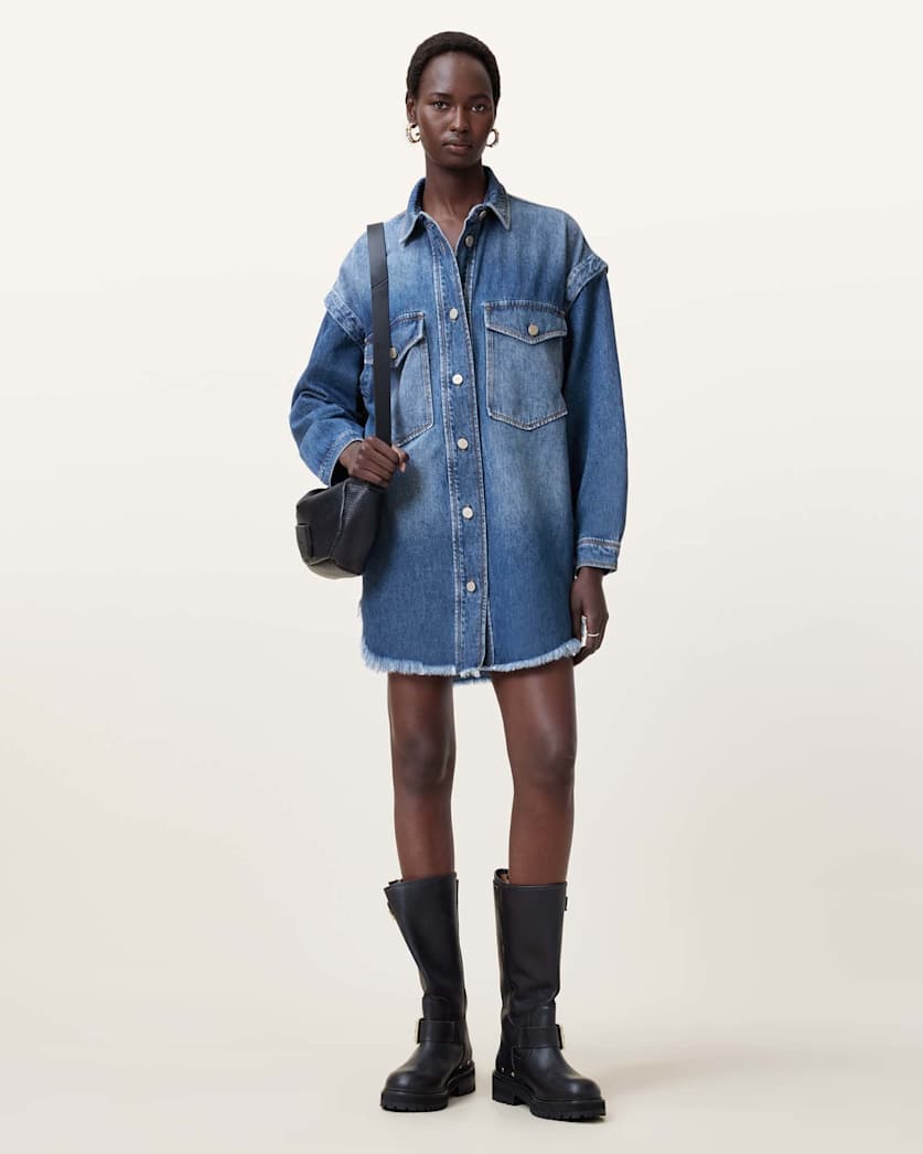all saints Faye Oversized Denim Shacket Dress Mid Indigo