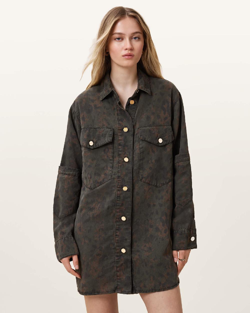 All Saints Faye Oversized Denim Shirt Dress Styx Leo Green
