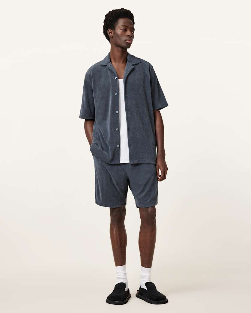 all saints Felix Relaxed Fit Towel Shorts Pitched Blue