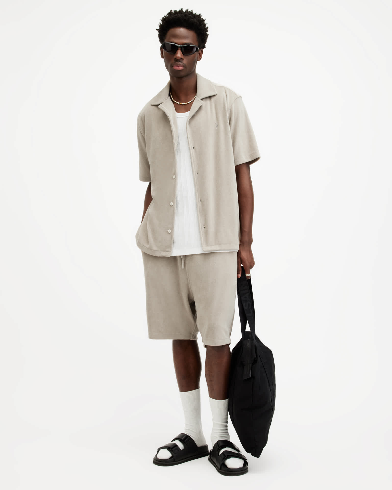 All Saints Felix Relaxed Fit Towel Shorts Stone Taupe