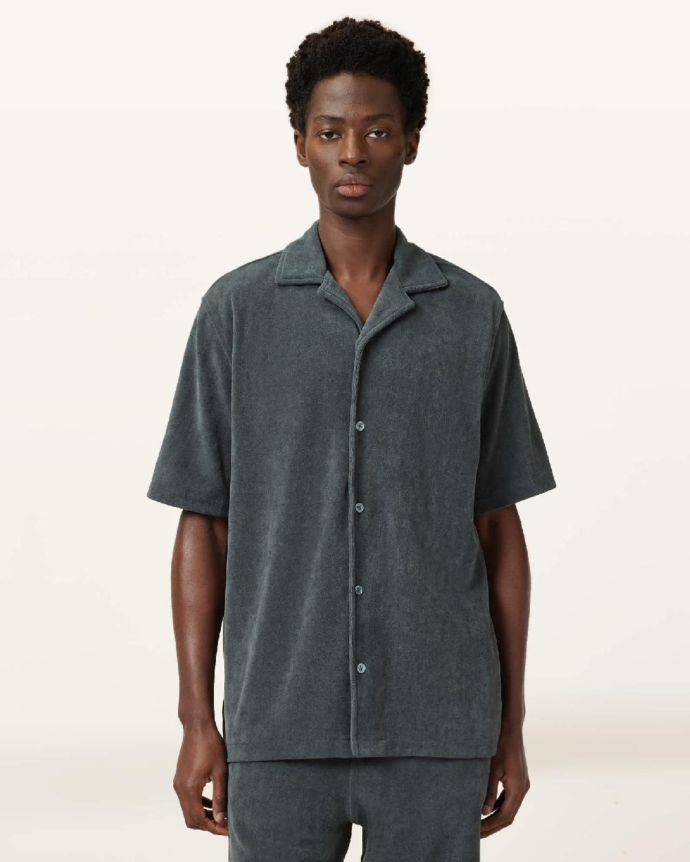 All Saints Felix Relaxed Towel Short Sleeve Ramskull Shirt Pitched Blue