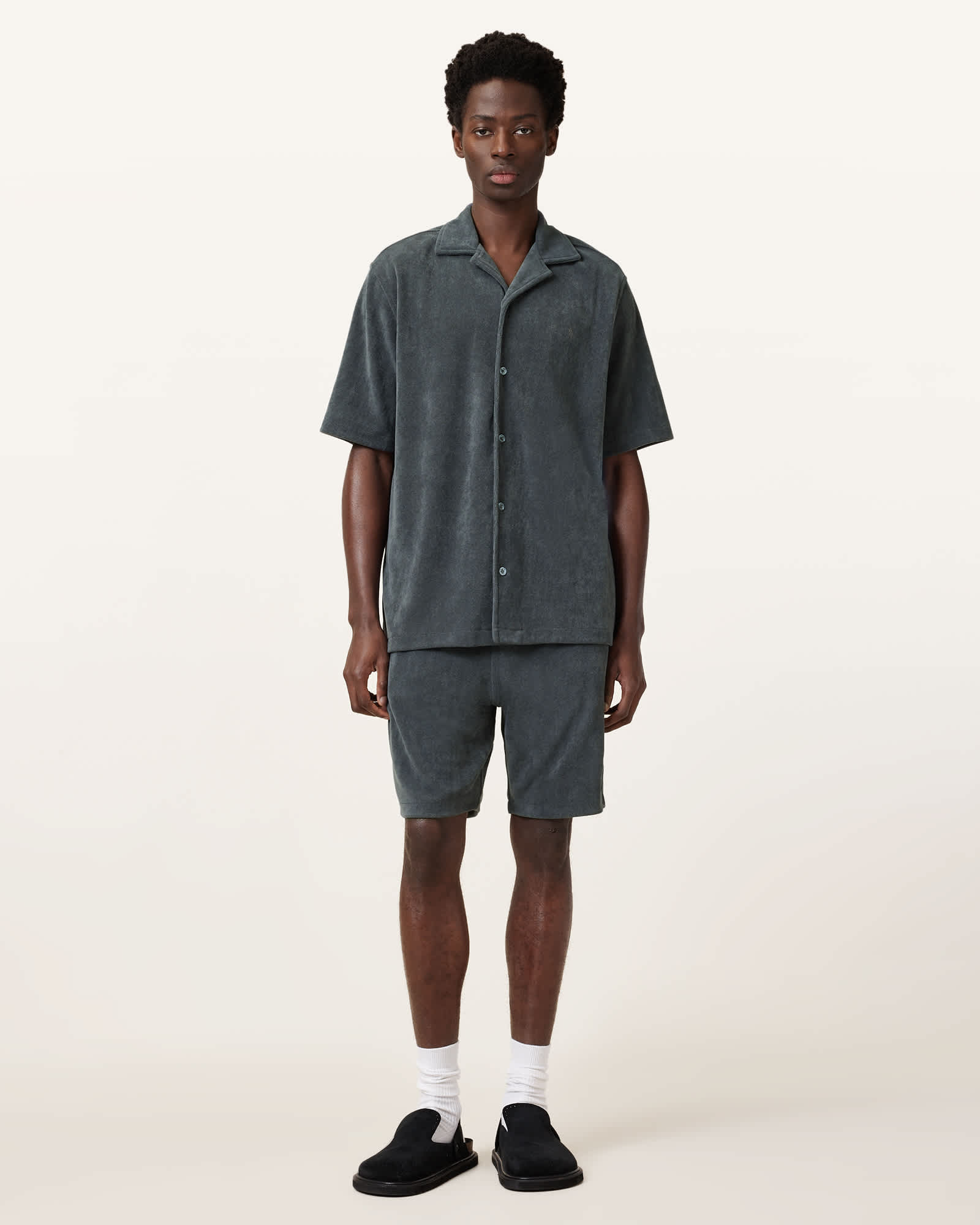All Saints Felix Relaxed Towel Short Sleeve Ramskull Shirt Pitched Blue